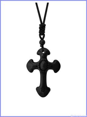 Black Obsidian Cross Pendant Cord Necklace Carved Stone Spiritual Protection